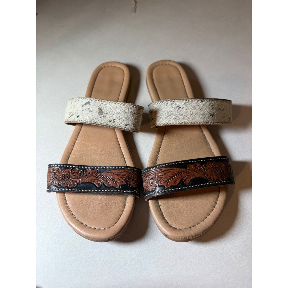 Western Floral Tooled Leather and Hair on Hide Slide Sandals Brown Black 9